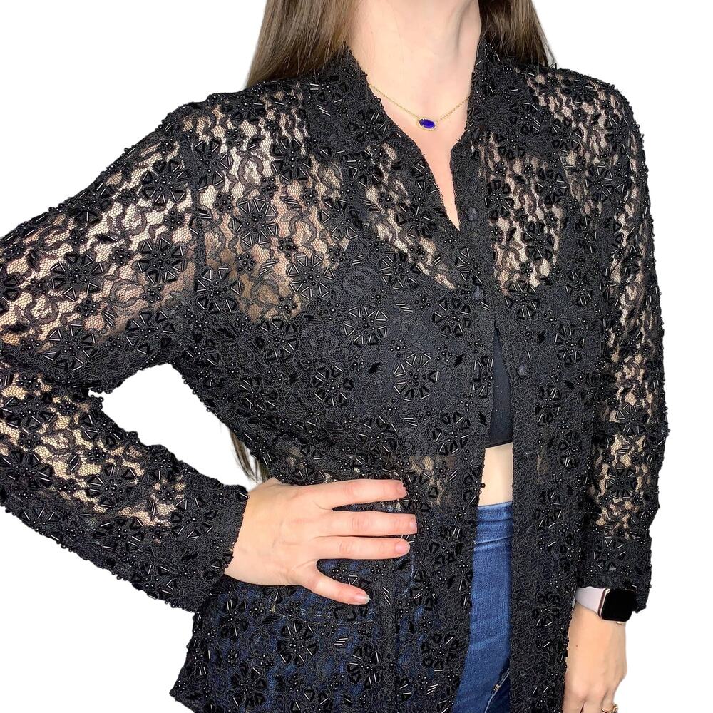 Vintage fully beaded black lace button front top